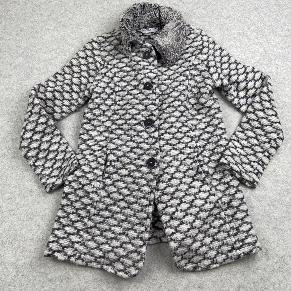 Maria Sole Coat Womens Medium Gray Geometric Wool Faux Fur Collar Button Italy